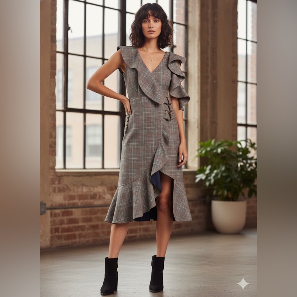 Self-Portrait Check Print O-Ring Wrap Dress